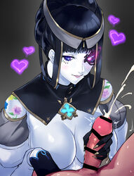 azami_(xenoblade) black_hair blush breasts brooch censored cum cum_on_self cum_string fingernails gloves glowing glowing_eye handjob headband heart highres jewelry large_breasts long_fingernails mechanical_eye negresco no_nipples penis puffy_sleeves puppet purple_eyes seductive_smile single_glove smile victorian xenoblade_(series) xenoblade_chronicles_2