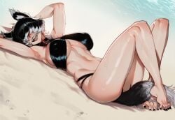 ai_generated animal_ears armpits arms_behind_head arms_up barefoot beach bikini black_bikini black_hair black_nails breasts covered_nipples dog_ears dog_girl dog_tail fangs feet female fingernails hair_over_eyes large_breasts lying multicolored_hair nail_polish navel on_back open_mouth sand sharp_fingernails sharp_teeth sharp_toenails short_hair smile solo sweat swimsuit tail teeth tillian toenail_polish toenails toes toned tongue two-tone_hair umbra(tillian) virtual_youtuber wet white_hair