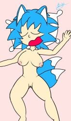 1girls big_areola big_breasts big_nipples blue_hair breasts cat_ears female flashing flashing_breasts flashing_pussy furry_ears furry_female oc open_mouth original_character pijama pussy sleeping srr18_(artist) tails thick_thighs vagina white_body