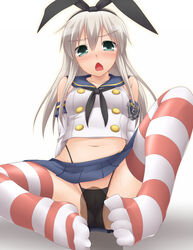 anchor bare_shoulders black_panties blue_eyes cameltoe chains chestnut_mouth female footjob footjob_with_footwear hair_ornament hair_ribbon highleg highleg_panties kantai_collection long_hair neckerchief open_mouth panties penis ribbon shadow shimakaze_(kantai_collection) silver_hair skirt solo_focus striped striped_legwear thighhighs underwear yoshi_tama