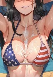 1girls ai_generated american_flag american_flag_bikini black_hair breasts chainsaw_man cum cum_on_body cum_on_breasts demon demon_girl devil devil_girl female general_gooner heroine japanese_female light-skinned_female mitaka_asa ringed_eyes scar scar_on_face spiral_eyes yoru_(chainsaw_man)