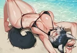 ai_generated animal_ears areola_slip armpits arms_up barefoot beach bikini black_bikini black_hair black_nails breasts breasts_apart collar collarbone dog_ears dog_tail female fingernails hair_over_eyes large_breasts lying micro_bikini multicolored_hair navel on_back open_mouth outdoors sand sharp_fingernails sharp_teeth short_hair skindentation smile solo stomach swimsuit tail teeth tillian two-tone_hair umbra(tillian) water wet white_hair