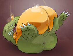 2025 anthro anus ass balls bastardpalace belly belly_squish bent_legs big_belly big_butt bodily_fluids crown crown_only donkey_kong_(series) feet flaccid genitals gold_(metal) hands_behind_head headgear hi_res huge_belly k_rool kremling looking_at_viewer lying male moobs musk musk_clouds musky_armpit musky_butt navel nintendo nipples on_back outie_navel overweight overweight_anthro overweight_male penis scalie solo squish sweat sweaty_armpit sweaty_balls sweaty_feet sweaty_genitalia