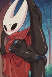 1girls ai_generated ass black_skin blue_anus blue_nipples blue_pussy blush forest from_behind holding_own_leg hollow_eyes hornet_(hollow_knight) medium_breasts muscular navel no_mouth no_nose presenting red_cloak shiny_skin shy silksong standing_split superkica toned toned_female white_mask