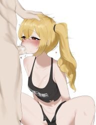 1boy 1boy1girl 1girl 1girls absurdres black_tank_top blonde blonde_female blonde_hair blonde_hair_female blush breasts cleavage clothed clothed_female clothed_female_nude_male english_commentary fellatio female goranya hair_between_eyes heart highres irrumatio long_hair luciana_de_montefio male medium_breasts motion_lines naked naked_male navel nose_blush nude nude_male open_fly oral ponytail red_eyes red_eyes_female short_shorts shorts side_ponytail simple_background tank_top white_background zenless_zone_zero