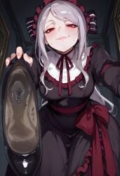 ai_generated dirty dirty_shoes disgusting dress femdom foot_fetish from_below grey_hair holding_object holding_shoes humiliation lolita_fashion long_hair long_sleeves looking_at_viewer mary_janes mayyreel medium_breasts overlord_(maruyama) red_eyes ribbon shalltear_bloodfallen shoe_fetish shoe_sniffing shoe_soles shoes_only shoes_removed silver_hair smell smirk vampire