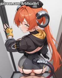 1boy 1girls ai_generated anus artifical_art ass black_hat black_horns black_thighhighs dragon_girl dragon_horns female gloves hood horns light-skinned_female light_skin long_hair long_pointy_ears mechanical_horns mechanical_tail orange_hair orpheus_(zenless_zone_zero) penis penis_in_pussy perfect_body pointy_ears pussy pussy_juice sex tail vaginal_penetration vaginal_sex zenless_zone_zero