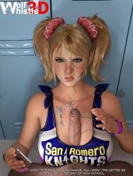 1boy 1girls 3d annoyed big_breasts big_penis blonde_hair breasts cheerleader cleavage cum cum_on_face dialogue erection female juliet_starling lollipop_chainsaw male paizuri penis text twintails veiny_penis wolfwhistle3d