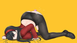 1girls all_fours amagi_yukiko ambiguous_penetration ass atlus back black_eyes black_hair black_legwear blush breasts crotch_seam dildo erect_nipples female hairband highres large_breasts libre loafers long_hair object_insertion open_mouth panties panties_under_pantyhose pantyhose persona persona_4 pussy_juice saliva shoes simple_background solo tears top-down_bottom-up torn_clothes torn_pantyhose toy underwear vibrator yellow_background