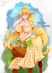 1girls background big_breasts blonde_hair blue_eyes blush breasts centaur centorea_shianus equid_taur female huge_breasts large_breasts long_hair looking_at_viewer monster nipple_bulge not_porn patreon_reward ponytail ryufboi sundress