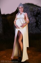 1girls 3d baldur's_gate baldur's_gate_3 belly big_belly braided_hair elf_female female green_eyes looking_at_viewer outdoors painted_nails pointy_ears pregnant pregnant_female scar shadowheart solo white_hair zero-thl