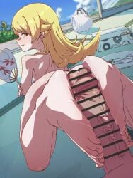 1boy 1girls animated anus anus_peek ass bakemonogatari bar_censor barefoot blonde_hair blue_sky blurry blurry_background censored cloud commentary completely_nude continue_after_cum cum cumshot ejaculation erection feet female flower foot_focus footjob from_behind funen_gomi funen_gomi_m hand_fan highres holding holding_fan incense_burner indoors long_hair looking_at_viewer looking_back lying male monogatari_(series) nude oerba_yun_fang on_stomach oshino_shinobu paid_reward_available pastry_box penis plate pointy_ears pov pov_crotch sky sliding_doors smile straight summer sunflower tagme tatami thighs toes veins veiny_penis veranda video yellow_eyes