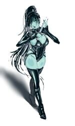 1girls bangs bangs_over_eyes big_breasts black_hair black_lipstick breasts cleavage commission curvy dagger dota_2 full_body green_skin high_ponytail human latex latex_bodysuit latex_clothing latex_gloves latex_legwear latex_swimsuit latex_thighhighs looking_at_viewer phantom_assassin popisya shadow solo solo_female valve very_long_hair walking white_background wide_hips