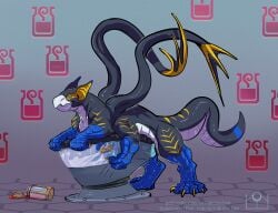 abstract_background after_transformation blue_eyes bodily_fluids breeding_mount capcom cum displacer_beast dungeons_and_dragons errokioslem feral flying_wyvern full-length_portrait genital_fluids genitals hasbro hybrid male monster_hunter multi_arm multi_limb nargacuga penis portrait post-transformation potion side_view simple_background solo transformation transformation_potion wizards_of_the_coast