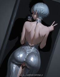 nyx_x ai_generated explicit 1girl solo breasts looking_at_viewer blush smile short_hair bangs large_breasts dress holding bare_shoulders ass grey_hair heart sweat censored parted_lips pussy looking_back from_behind symbol-shaped_pupils v pussy_juice back heart-shaped_pupils phone cellphone smartphone holding_phone shiny_clothes backless_outfit bare_back backless_dress median_furrow