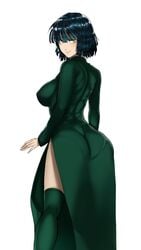 ass back blue_hair breasts dress fubuki_(one-punch_man) green_eyes hair huge_ass kneehighs large_breasts looking_at_viewer looking_back nipple_bulge one-punch_man pantylines shiny_hair smile thegoldensmurf tight_dress white_background