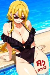 ai_generated anime babe bare_shoulders beautiful beautiful_females blonde_female busty_female curvy_figure divine_beauty fairy_tail fairy_tail_100_years_quest fantasy large_breasts looking_at_viewer lovely pink_eyes ponytail pool seductive seductive_pose selene_(fairy_tail) sexy smile sunglasses swimsuit tattoo tattoo_on_legs thick_thighs voluptuous_female