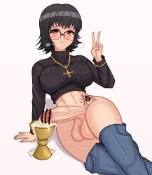 balls belly big_balls big_breasts big_penis big_thighs blush breasts censored cum cum_chalice cum_in_cup cum_leaking_out_of_penis cup_of_cum curves curvy curvy_female dickgirl futa_focus futa_only futanari girthy_penis glasses goth gothic hips hourglass_figure hunter_x_hunter looking_at_viewer midriff pale-skinned_female pants_down pants_pulled_down peace_sign penis red_eyes shirt_on shizuku_murasaki short_hair solo solo_focus solo_futa spider_tattoo tattoo_on_belly thick_thighs veiny_penis