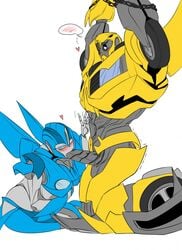 blush blushing bondage bound_arms bumblebee bumblebee_(transformers) chained chains dominant_female fan_character fellatio male mecha oral robot submissive_male transformers