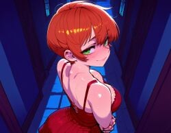 1female 1girls ai_assisted ai_generated blush breasts busty cleavage cocktail_dress cute dress female female_only green_eyes light-skinned_female light_skin looking_at_viewer love loving_couple medium_breasts moonlight night original pixie_cut pov red_hair redhead_female romantic rowann_(sandcrop) sandcrop short_hair smile smiling_at_viewer solo tomboy wife wife_and_husband