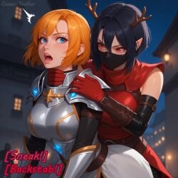 ai_generated antlers cannonfeather dnd elf elf_ears horse_penis horsecock knight male ninja penis pixie_cut red_eyes short_hair sneak_attack usebackdooronly