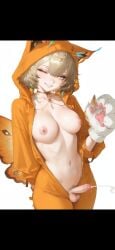 ai_generated cat_paws cum cumming femboy flustered futanari futanari medium_breasts moth_girl onesie onesie_open petite petite_female sanagi_yuzu shy small_breasts small_penis small_penis_futa vtuber
