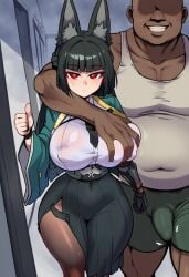 1boy 1girl 1girls ai_assisted ai_generated animal_ears bangs big_breasts black_hair blunt_bangs breast_grab breasts covered_nipples dark-skinned_male dark_skin fat_bastard female goghkunn grabbing grabbing_breasts hoshimi_miyabi light-skinned_female light_skin male multiple_boys red_eyes skirt sweat thumbs_up voluptuous voluptuous_female zenless_zone_zero