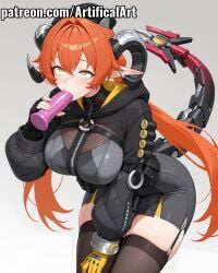 1girls ai_generated artifical_art black_hat black_horns black_thighhighs blush dildo dildo_in_mouth dragon_girl dragon_horns female female_masturbation gloves hood horns light-skinned_female light_skin long_hair long_pointy_ears masturbation mechanical_horns mechanical_tail oral_masturbation orange_hair orpheus_(zenless_zone_zero) perfect_body pointy_ears rolling_eyes sex_toy solo sucking sucking_dildo tail zenless_zone_zero