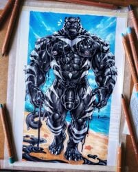 2025 abs anthro areola asterozoan balls bara biceps black_areola black_body black_nipples blue_sky claws cloud echinoderm felid finger_claws forearm_muscles forest genitals goo_creature hi_res male mammal marine mrkun muscles muscular muscular_anthro muscular_male muscular_thighs navel nipples nude painting_(artwork) pantherine pecs penis plant pubes sea sky slime smile solo starfish striped_body stripes tail tiger toe_claws traditional_media_(artwork) traditional_painting_(artwork) tree walking water white_stripes yaoi