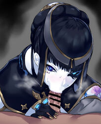 :>= azami_(xenoblade) black_hair blue_eyes blush brooch censored cleaning cum_on_penis fellatio fingernails headband highres jewelry long_fingernails mechanical_eye negresco oral penis puffy_sleeves puppet purple_eyes xenoblade_(series) xenoblade_chronicles_2