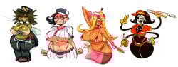 1futa 4_arms 4_eyes 4girls androjuniarto banana baseball baseball_cap baseball_uniform black_hair blonde_hair breasts cap clothing female fly_gal_(androjunitaro) futanari gloves hat huge_booty huge_breasts long_hair original_character partially_clothed simple_background spider spider_girl
