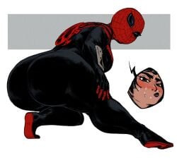 1girls anna_maria_marconi ass ass_focus bimbosparkle black_hair bodysuit brown_eyes costume female hands_on_legs huge_ass marvel mask nervous presenting presenting_hindquarters purple_lipstick pursed_lips shortstack simple_background solo_female spider-man spider-man_(series) superior_spider-man sweat sweatdrop white_background