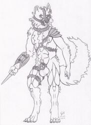 animal_genitalia anthro balls big_balls biped canid canine canis chastity_cage chastity_device collar ear_piercing genitals guglehupf hi_res hugo_(guglehupf) male mammal muscular muscular_male muzzle_(object) piercing scar sheath solo standing traditional_media_(artwork) weapon wolf