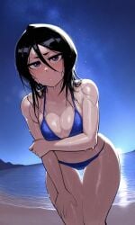1girl ai_generated beach bikini black_hair bleach blush cleavage female kuchiki_rukia medium_breasts night night_sky pixai self_upload solo solo_female superdomfuta wet wet_clothes wet_hair