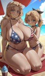 2girls ai_generated american_flag_bikini beach beach_towel beach_umbrella big_ass big_breasts big_butt big_thighs black_choker black_ribbon blonde_hair blue_eyes blush breasts breasts_bigger_than_head bursting_breasts chocker daughter eyebrows_visible_through_hair female female_only gigantic_ass gigantic_breasts gigantic_butt gigantic_thighs girls_und_panzer grin hair_intakes hair_ribbon happy huge_breasts ice_cream kay_(girls_und_panzer) large_ass large_breasts light-skinned_female milf mother_and_daughter sitting sun thick_thighs wide_hips