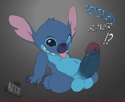 alien blue blue_eyes blue_fur blue_skin disney erect_penis erection experiment_(species) fangs fur furry grey_background kneeling large_penis lilo_and_stitch male male_only no_nipples penis solo stitch testicles text tongue tongue_out utx-shapeshifter veins veiny_penis