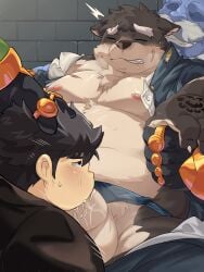 absurd_res anthro asian_clothing balls belly black_hair blush canid canine canis chubby_protagonist_(tas) clothing clothing_aside domestic_dog east_asian_clothing erection facial_hair facial_scar fellatio fundoshi fundoshi_aside fur gay genitals grey_body grey_fur group hair hechaxianzhi hi_res human humanoid japanese_clothing lifewonders male male/male mammal moobs moritaka_(tas) moustache navel nether_baron nipples oral overweight penile penis penis_in_mouth protagonist_(tas) scar sex tokyo_afterschool_summoners underwear underwear_aside yaoi