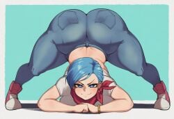 1girl ai_generated all_fours ass ass_up big_ass blue_eyes blue_hair bracelet breasts bulma_briefs denim dragon_ball full_body goghkunn huge_ass jack-o_pose jeans jewelry looking_at_viewer pants pantylines red_footwear shoes short_hair smile, sneakers solo thick_thighs tight_pants top-down_bottom-up