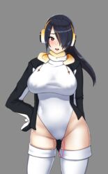 :d black_hair blush breasts brown_eyes clothing covered_navel cowboy_shot emperor_penguin_(kemono_friends) female hair_over_one_eye hand_on_hip hayabusa headphones heart heart-shaped_pupils hood hoodie kemono_friends large_breasts leotard long_hair looking_at_viewer multicolored_hair open_clothes open_hoodie open_mouth orange_hair pussy_juice smile solo streaked_hair symbol-shaped_pupils thighhighs vibrator vibrator_in_thighhighs white_legwear white_leotard