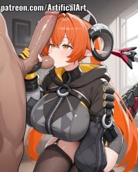 1boy 1girls ai_generated artifical_art balls balls_in_mouth black_hat black_horns black_thighhighs blush dragon_girl dragon_horns female gloves hood horns light-skinned_female light_skin long_hair long_pointy_ears mechanical_horns mechanical_tail orange_hair orpheus_(zenless_zone_zero) penis perfect_body pointy_ears sucking sucking_balls tail zenless_zone_zero