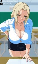 1girls ai_generated bending_forward big_breasts black_skirt busty classroom cleavage clothed clothed_female desk eye_contact female looking_at_viewer mature_female naruho_style naruto naruto_(series) naruto_shippuden school school_desk short_skirt skirt sleen smile smiling smiling_at_viewer teacher tsunade voluptuous white_shirt