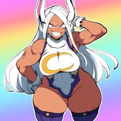 1girls ai_generated bare_shoulders big_breasts breasts crazy_eyes curvy dark-skinned_male dark_skin female gloves hips huge_breasts large_breasts leotard long_hair male miruko mullon muscular muscular_female my_hero_academia rabbit_ears rabbit_girl red_eyes rumi_usagiyama sleeveless smile solo tan_body thick_thighs thighhighs thighs white_gloves white_hair wide_hips