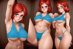 ai_generated armpits bra breasts cameltoe cd_projekt_red creamybiscuit female freckles light-skinned_female lingerie looking_at_viewer mascara nipples red_hair solo solo_female spread_legs the_witcher_(series) the_witcher_3:_wild_hunt thong transparent_clothing triss_merigold