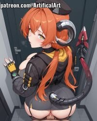 1boy 1girls ai_generated anus artifical_art ass black_hat black_horns black_thighhighs blush dragon_girl dragon_horns female first_person_view gloves hood horns light-skinned_female light_skin long_hair long_pointy_ears mechanical_horns mechanical_tail open_mouth orange_hair orpheus_(zenless_zone_zero) penis penis_in_pussy perfect_body pointy_ears pov pussy pussy_juice sex tail vaginal_penetration vaginal_sex zenless_zone_zero