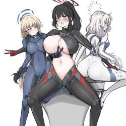 3girls areola_slip ass back black_hair blonde_hair blue_archive blue_eyes blush bodysuit breasts cleavage closed_mouth commentary_request drooling halo highres himari_(armed)_(blue_archive) himari_(blue_archive) large_breasts long_hair multiple_girls nanashi_(pixiv_98920795) navel open_mouth ponytail rio_(armed)_(blue_archive) rio_(blue_archive) sitting spread_legs toki_(armed)_(blue_archive) toki_(blue_archive) v very_long_hair white_hair