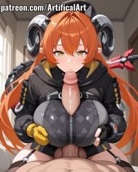 1boy 1girls ai_generated artifical_art big_penis black_hat black_horns black_thighhighs blush dragon_girl dragon_horns female first_person_view gloves hood horns kissing kissing_penis light-skinned_female light_skin long_hair long_pointy_ears mechanical_horns mechanical_tail orange_hair orpheus_(zenless_zone_zero) paizuri paizuri_under_clothes penis penis_between_breasts perfect_body pointy_ears pov tail titjob titjob zenless_zone_zero