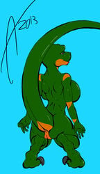 2013 aisha_neavi anthro anus ass big_breasts big_butt breasts claws dinosaur female huge_breasts nude plain_background pose presenting pussy raptor scalie smile solo thighs wide_hips