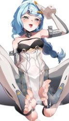 absurdres ahoge aqua_eyes aqua_hair armpit_crease blush braid breasts chinese_commentary clothing_cutout covered_nipples cum cum_on_body cum_on_feet elbow_gloves feet feibai female gloves hair_ornament hairclip heart heart-shaped_pupils heavy_breathing highres knees_apart_feet_together long_hair mole mole_on_shoulder nail_polish salute seed_(zenless_zone_zero) side_cutout simple_background sitting small_breasts soles solo steaming_body stirrup_legwear sweat symbol-shaped_pupils toeless_legwear toenail_polish toenails toes tongue tongue_out variant_set white_background yellow_nails zenless_zone_zero
