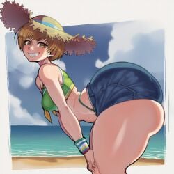 1girls ai_generated bangs beach big_ass bikini breasts brown_eyes brown_hair day denim denim_shorts eyebrows_visible_through_hair female freckles goghkunn grin hands_on_own_knees hat huge_ass leaning_forward ocean outdoors persona persona_4 satonaka_chie short_shorts shorts sky smile straw_hat sun_hat swimsuit thick_thighs thighs water