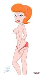 ass ass_cleavage big_breasts breasts butt_crack disney female female_only hellahellastyle human linda_flynn-fletcher milf nipples panties phillipthe2 phineas_and_ferb solo thong topless white_background